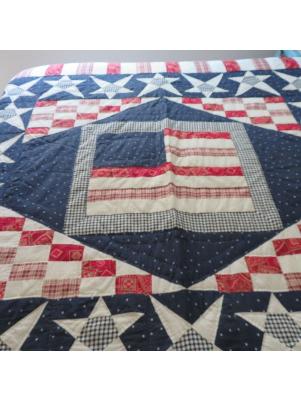 Vintage 90s Patriotic Hand Quilted Patchwork Quilt 100"x90" Red White Blue Stars
